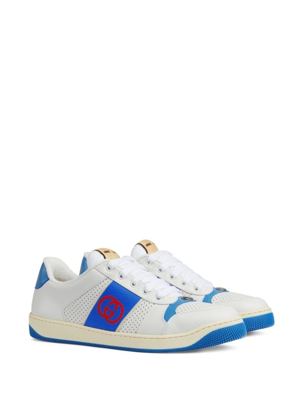 Gucci White Leather Low-Top Sneakers with Blue & Red Logo Accents